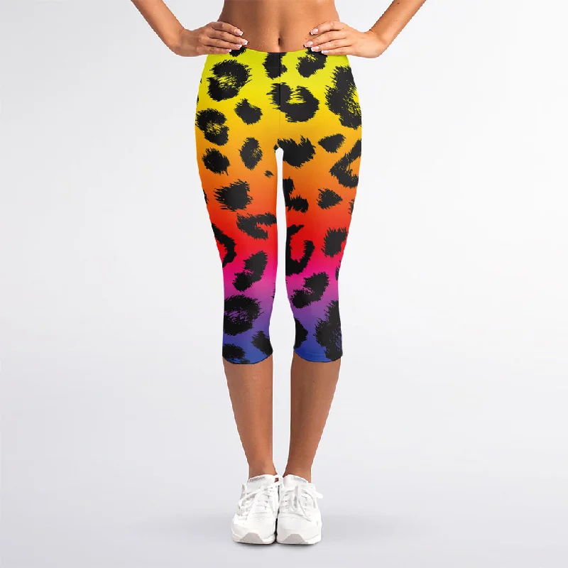 Rainbow Leopard Print Women's Capri Leggings Elegant Velvet Leggings