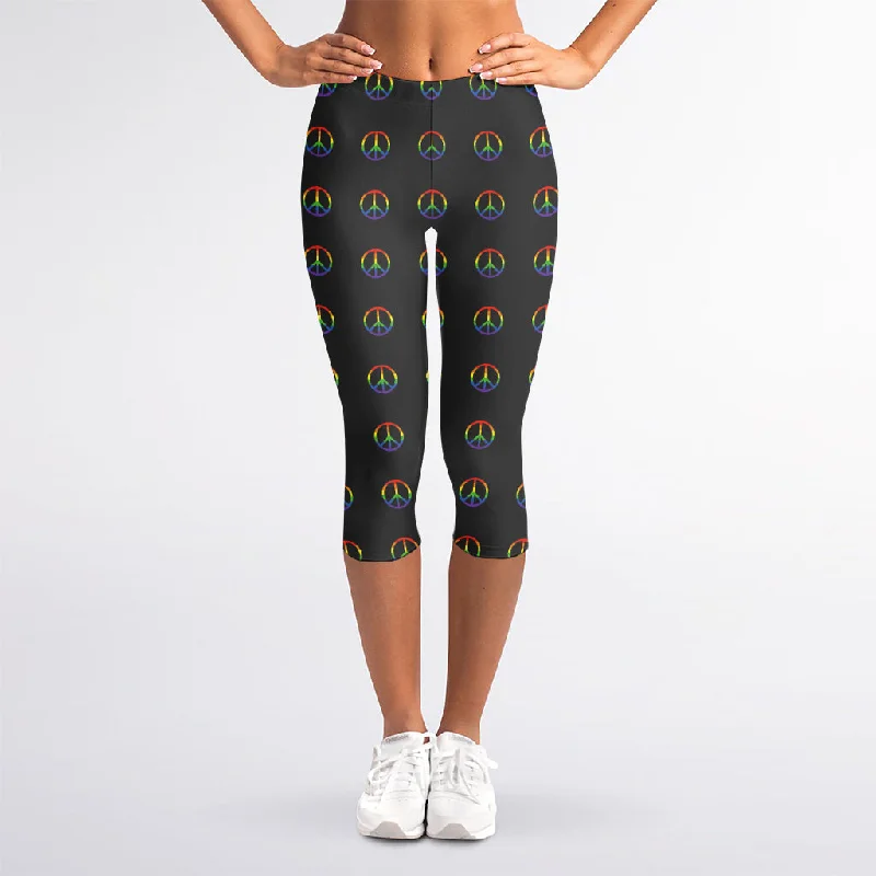 Rainbow LGBT Peace Sign Pattern Print Women's Capri Leggings Fashionable Tummy Control Leggings Rainbow LGBT Peace Sign Pattern Print Women's Capri Leggings Fashionable Tummy Control Leggings