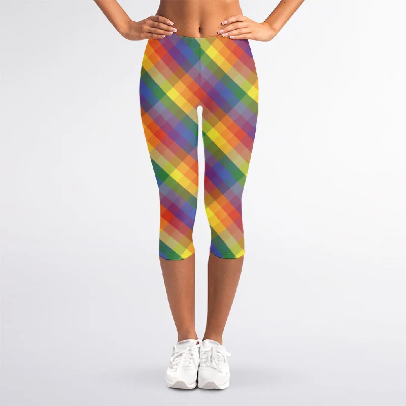 Rainbow LGBT Plaid Pattern Print Women's Capri Leggings Comfortable Workout Fitness Leggings Rainbow LGBT Plaid Pattern Print Women's Capri Leggings Comfortable Workout Fitness Leggings