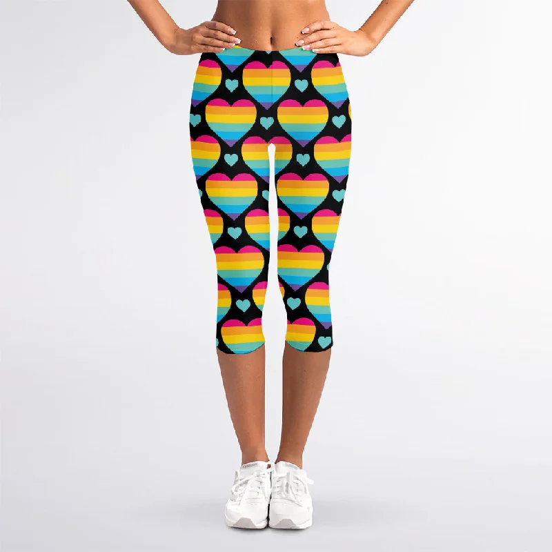 Rainbow LGBT Pride Heart Pattern Print Women's Capri Leggings Classic Solid Color Leggings Rainbow LGBT Pride Heart Pattern Print Women's Capri Leggings Classic Solid Color Leggings