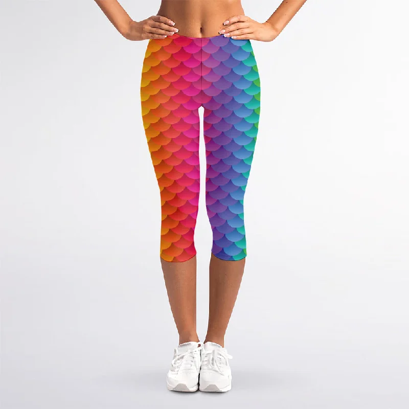 Rainbow Mermaid Scale Pattern Print Women's Capri Leggings Casual Slim-Fit Leggings