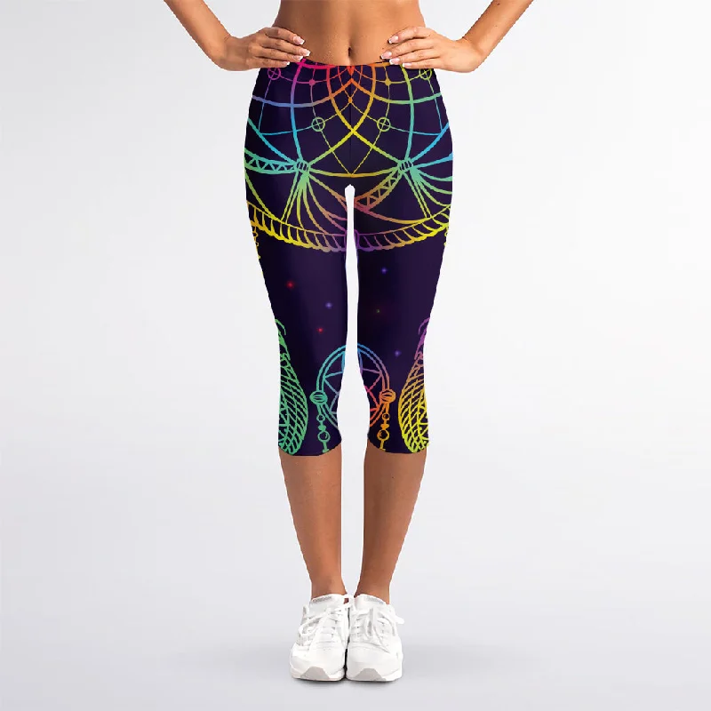 Rainbow Native Dream Catcher Print Women's Capri Leggings Elegant Black Leggings