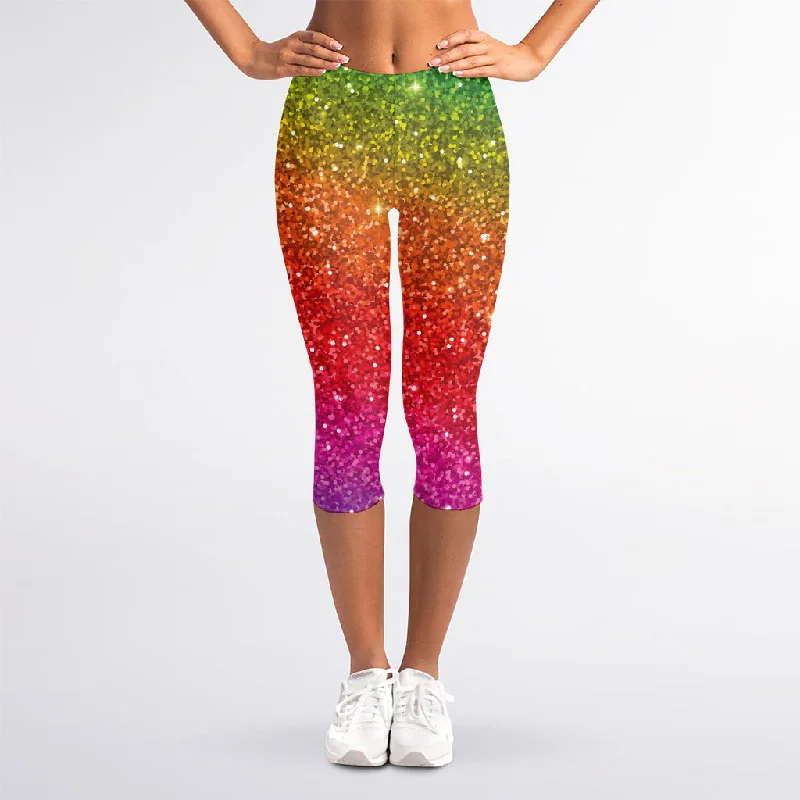 Rainbow (NOT Real) Glitter Artwork Print Women's Capri Leggings Trendy Color Block Leggings Rainbow (NOT Real) Glitter Artwork Print Women's Capri Leggings Trendy Color Block Leggings