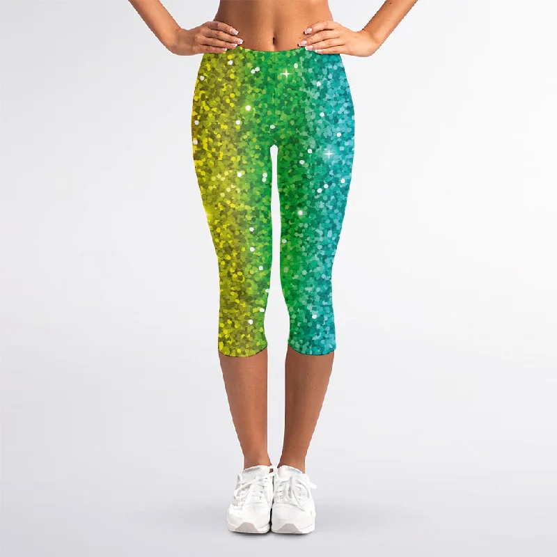 Rainbow (NOT Real) Glitter Print Women's Capri Leggings Elegant Shiny Black Leggings Rainbow (NOT Real) Glitter Print Women's Capri Leggings Elegant Shiny Black Leggings