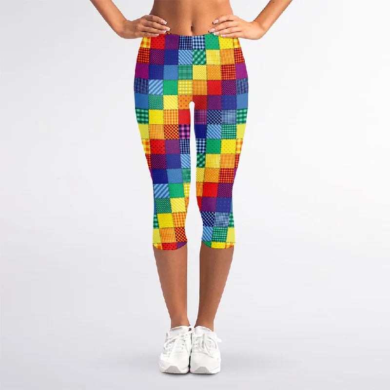 Rainbow Patchwork Pattern Print Women's Capri Leggings Chic Workout Leggings