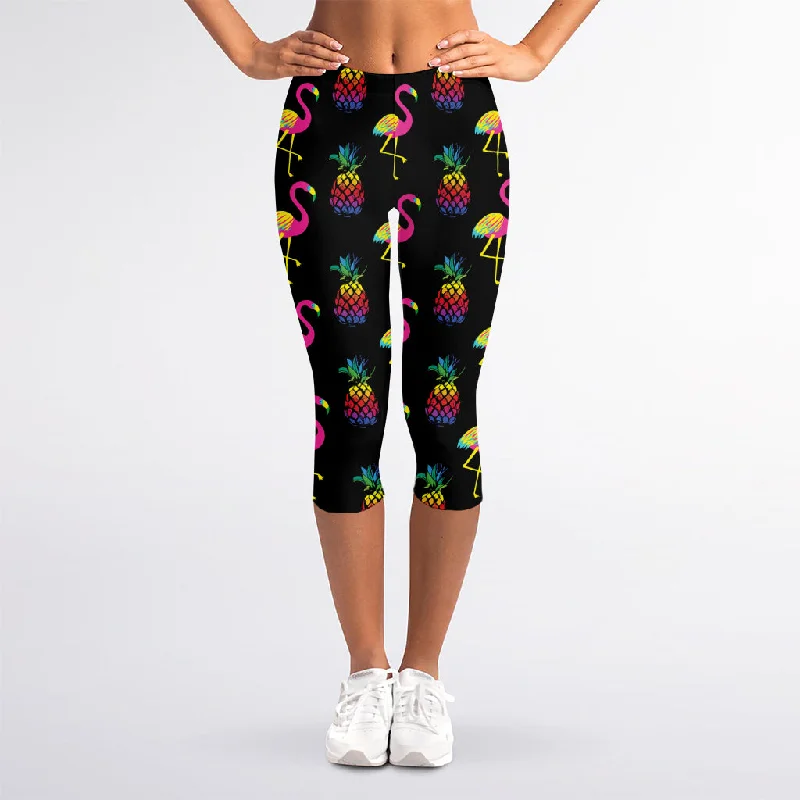 Rainbow Pineapple And Flamingo Print Women's Capri Leggings Fashionable Lacy Detail Leggings Rainbow Pineapple And Flamingo Print Women's Capri Leggings Fashionable Lacy Detail Leggings
