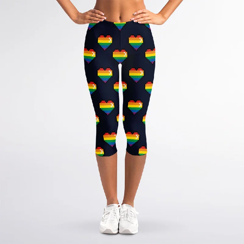 Rainbow Pixel 8-Bit LGBT Pride Heart Women's Capri Leggings Trendy Patterned Leggings Rainbow Pixel 8-Bit LGBT Pride Heart Women's Capri Leggings Trendy Patterned Leggings
