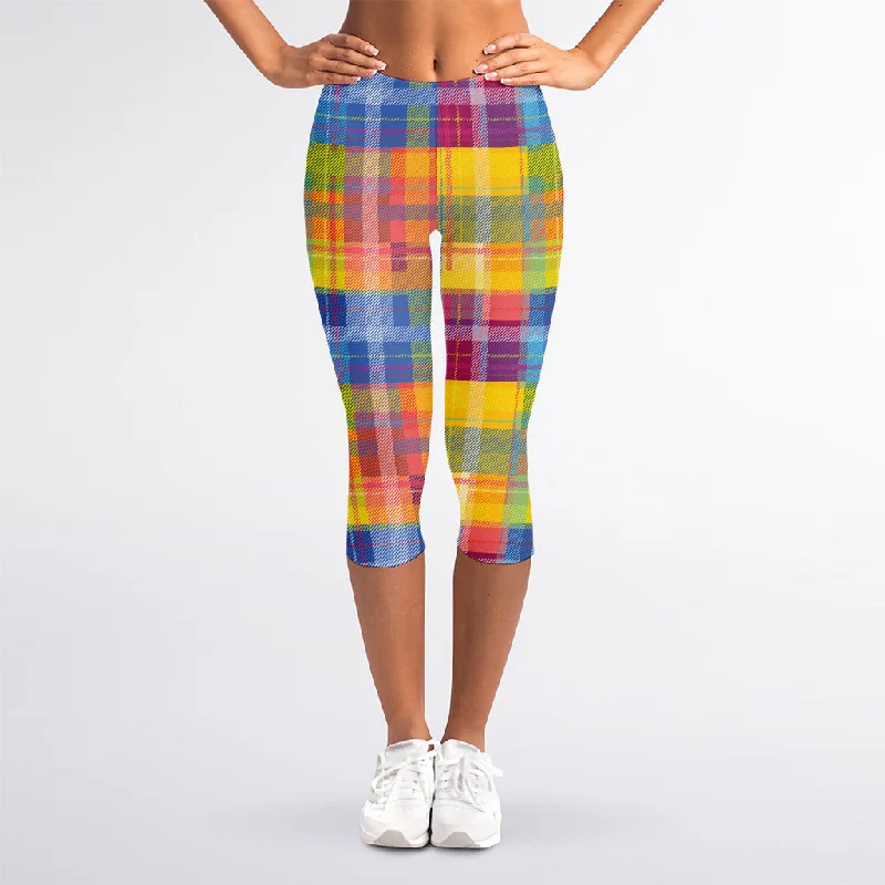 Rainbow Plaid Pattern Print Women's Capri Leggings Trendy Activewear Leggings