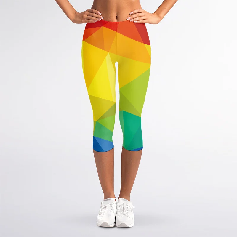 Rainbow Polygonal Geometric Print Women's Capri Leggings Stylish Yoga Leggings