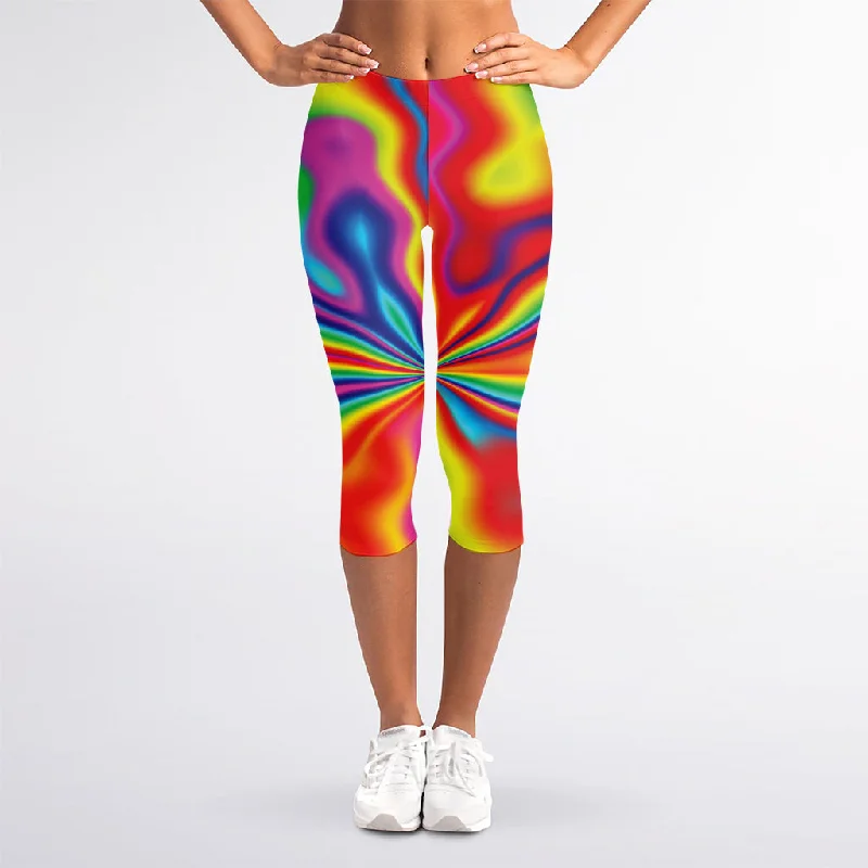 Rainbow Psychedelic Print Women's Capri Leggings Trendy Flared Leggings