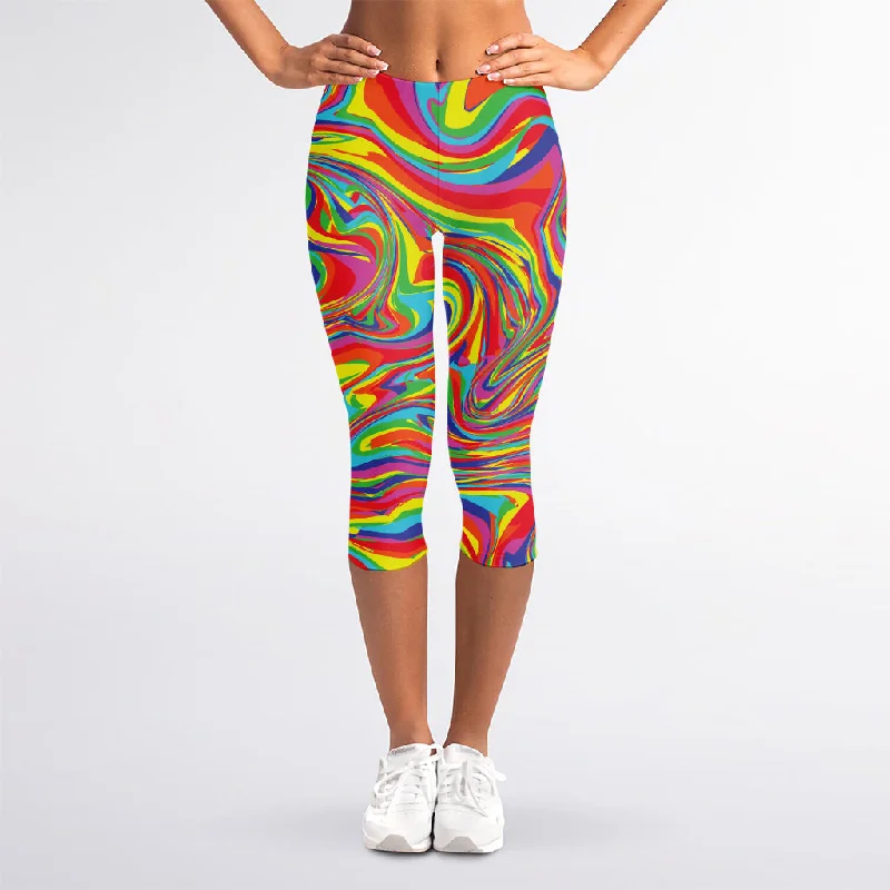 Rainbow Rave Print Women's Capri Leggings Trendy Cut-Out Activewear Leggings