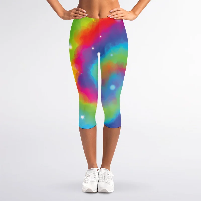 Rainbow Spiral Tie Dye Print Women's Capri Leggings Elegant Casual Fit Leggings