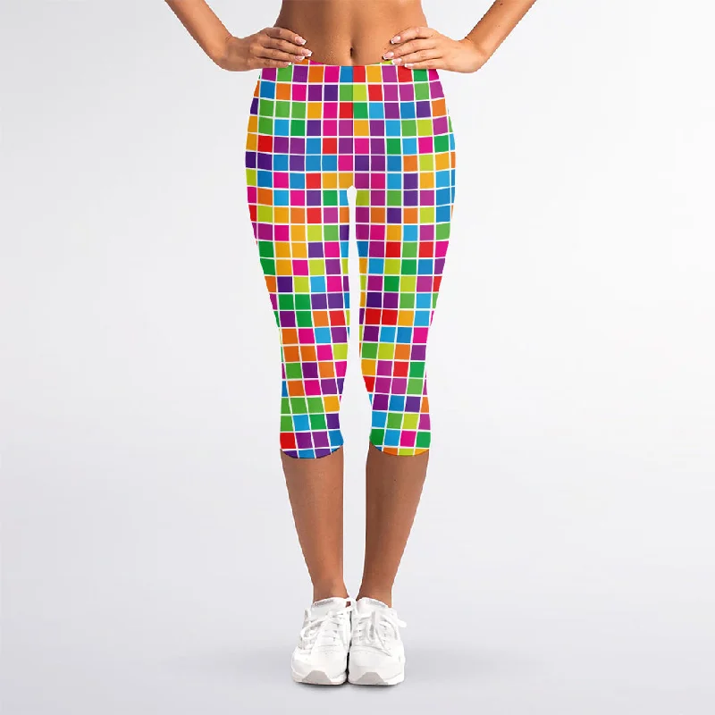 Rainbow Squares Pattern Print Women's Capri Leggings Fashionable Stretchy Fit Leggings Rainbow Squares Pattern Print Women's Capri Leggings Fashionable Stretchy Fit Leggings