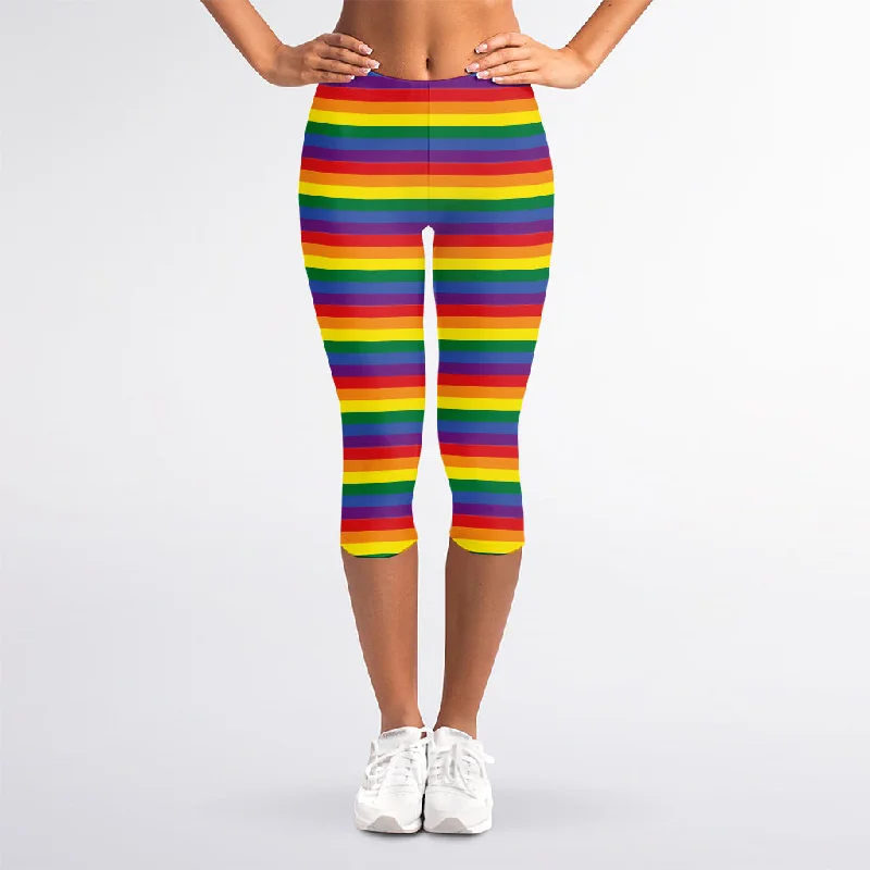 Rainbow Stripe Print Women's Capri Leggings Comfortable Bootcut Workout Leggings