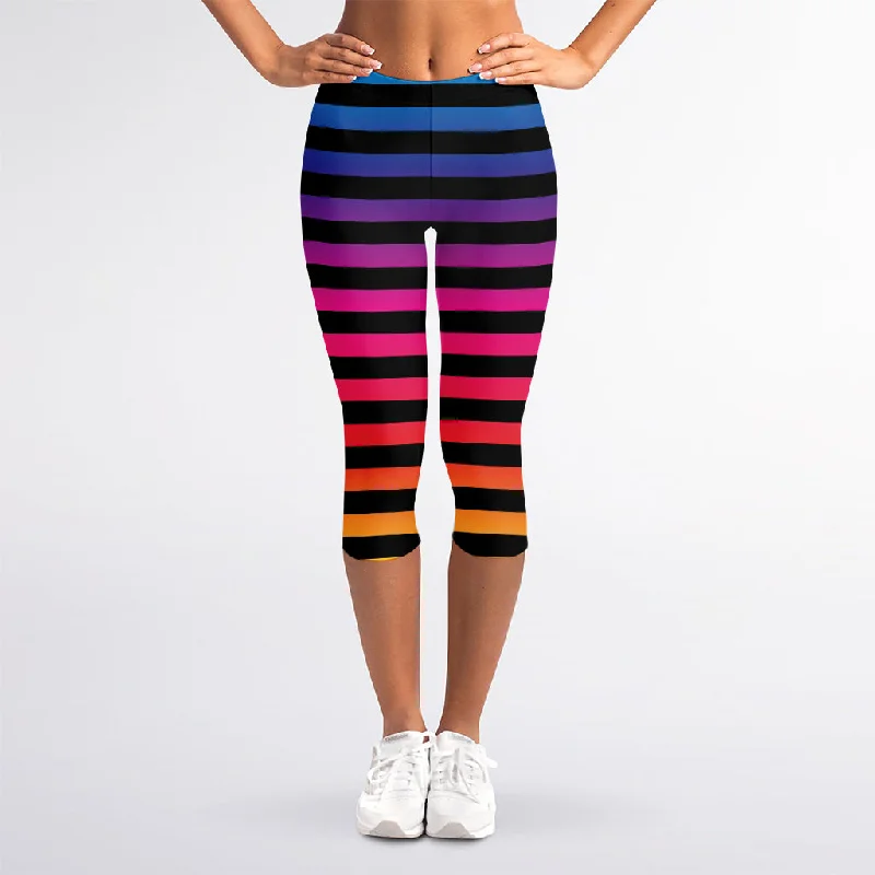 Rainbow Striped Pattern Print Women's Capri Leggings Stylish Side-Stripe Leggings