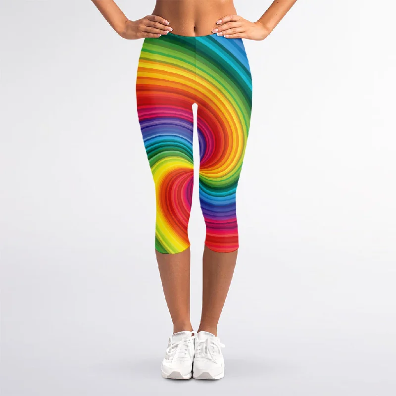 Rainbow Swirl Print Women's Capri Leggings Comfortable Sports Performance Tights