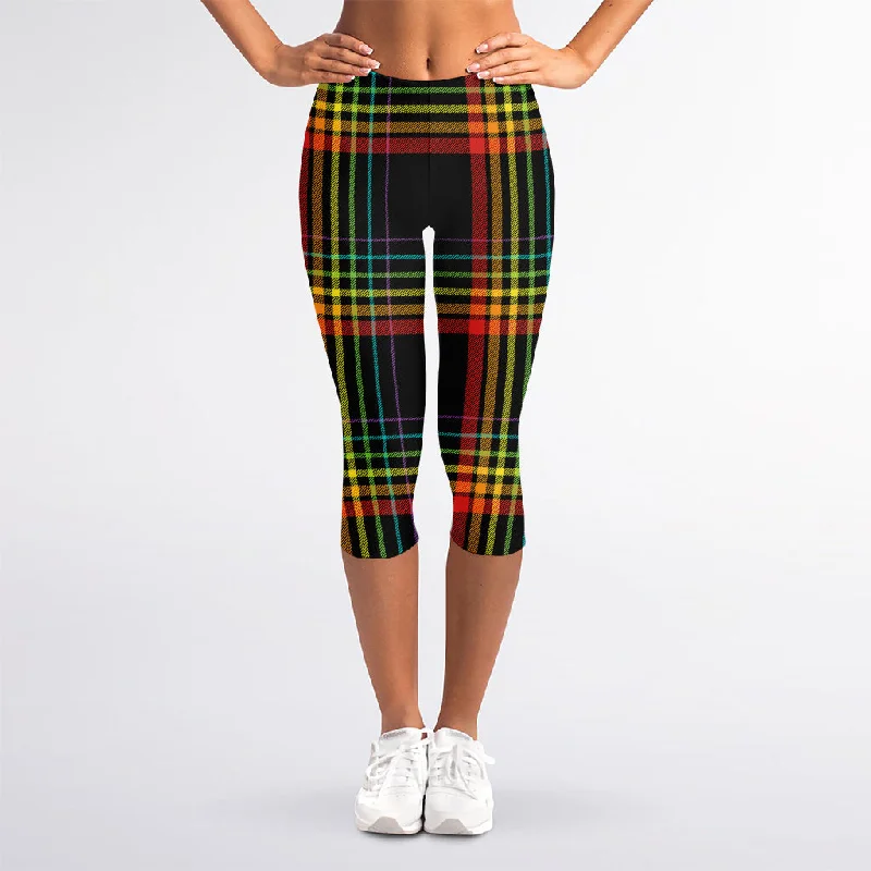 Rainbow Tartan Pattern Print Women's Capri Leggings Trendy Seamless Sports Leggings