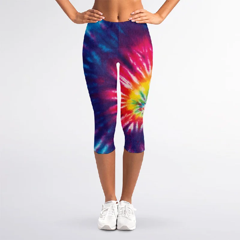 Rainbow Tie Dye Print Women's Capri Leggings Stylish Compression Fit Leggings
