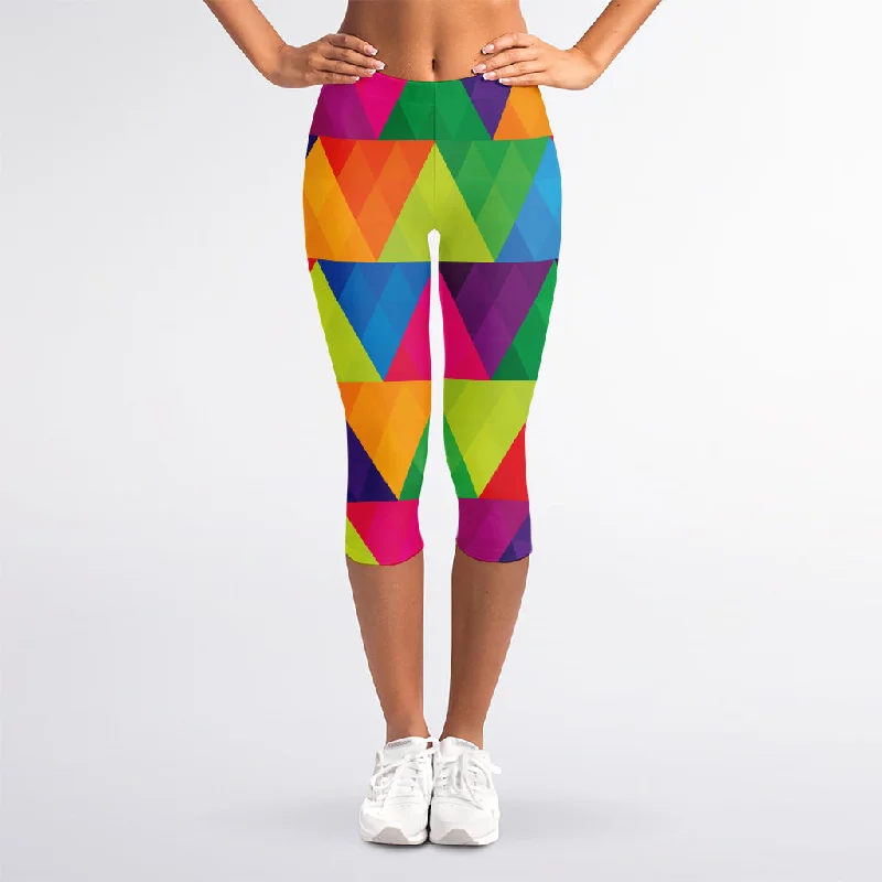 Rainbow Triangles Pattern Print Women's Capri Leggings Trendy Faux Suede Leggings