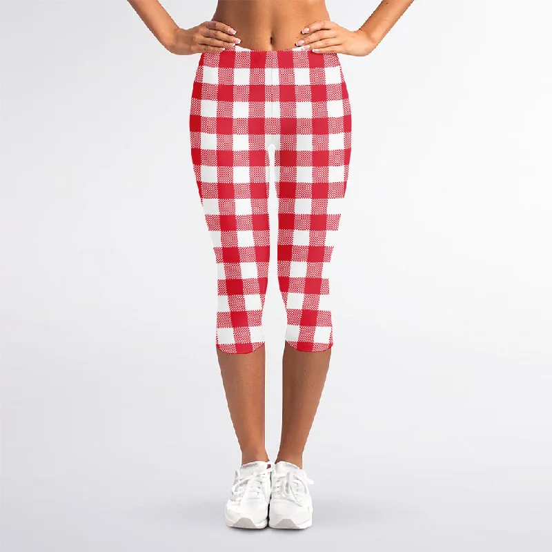 Raspberry Red And White Gingham Print Women's Capri Leggings Fashionable Ribbed Knit Leggings Raspberry Red And White Gingham Print Women's Capri Leggings Fashionable Ribbed Knit Leggings