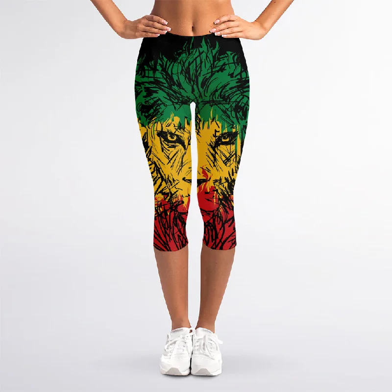 Rasta Lion Print Women's Capri Leggings Trendy Sporty Compression Leggings
