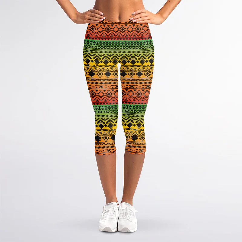 Rasta Tribal Pattern Print Women's Capri Leggings Trendy Fitness Leggings