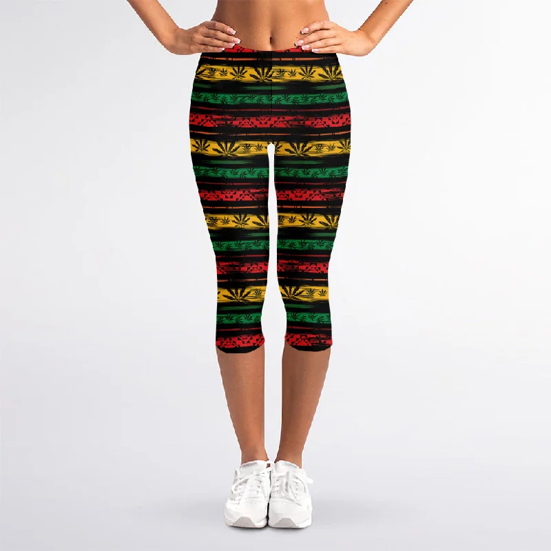 Rastafarian Hemp Pattern Print Women's Capri Leggings Elegant Textured Leggings