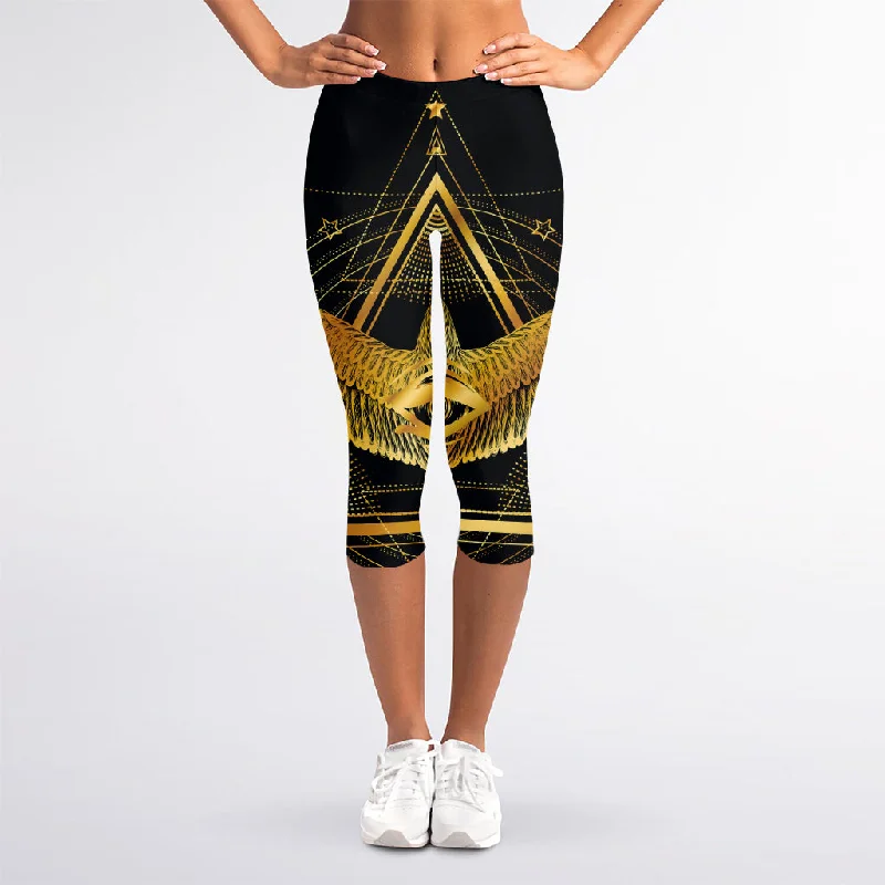 Raven Masonic Eye Print Women's Capri Leggings Fashionable High-Rise Workout Leggings Raven Masonic Eye Print Women's Capri Leggings Fashionable High-Rise Workout Leggings