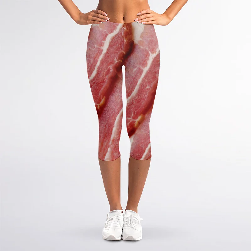 Raw Bacon Print Women's Capri Leggings Stylish Athletic Wear Leggings