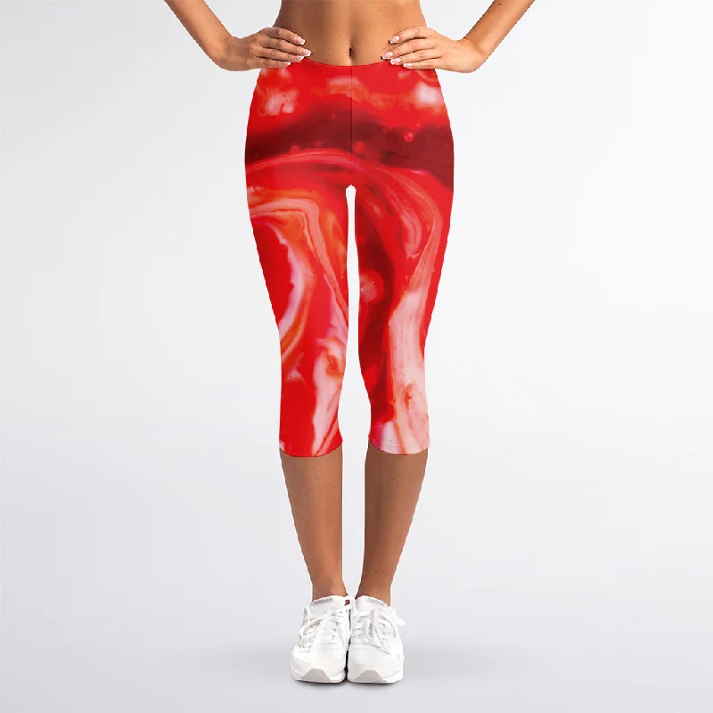 Red Acid Melt Print Women's Capri Leggings Stylish Stretch Pants Leggings