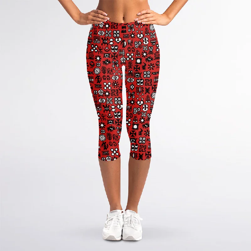 Red Adinkra Tribe Symbols Print Women's Capri Leggings Trendy Black Mesh Leggings