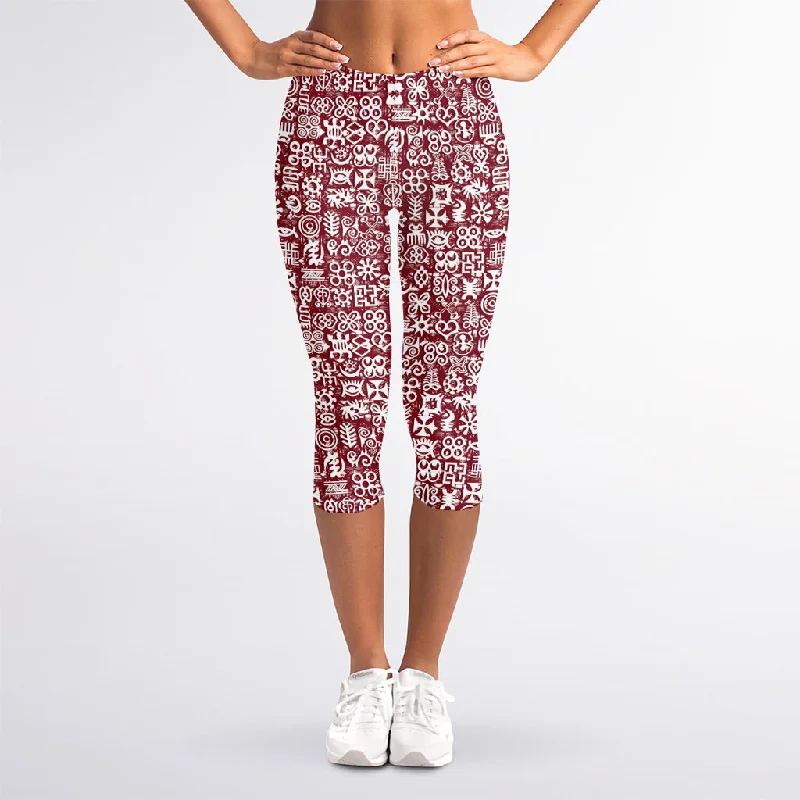 Red African Adinkra Tribe Symbols Women's Capri Leggings Fashionable Sports Compression Leggings Red African Adinkra Tribe Symbols Women's Capri Leggings Fashionable Sports Compression Leggings