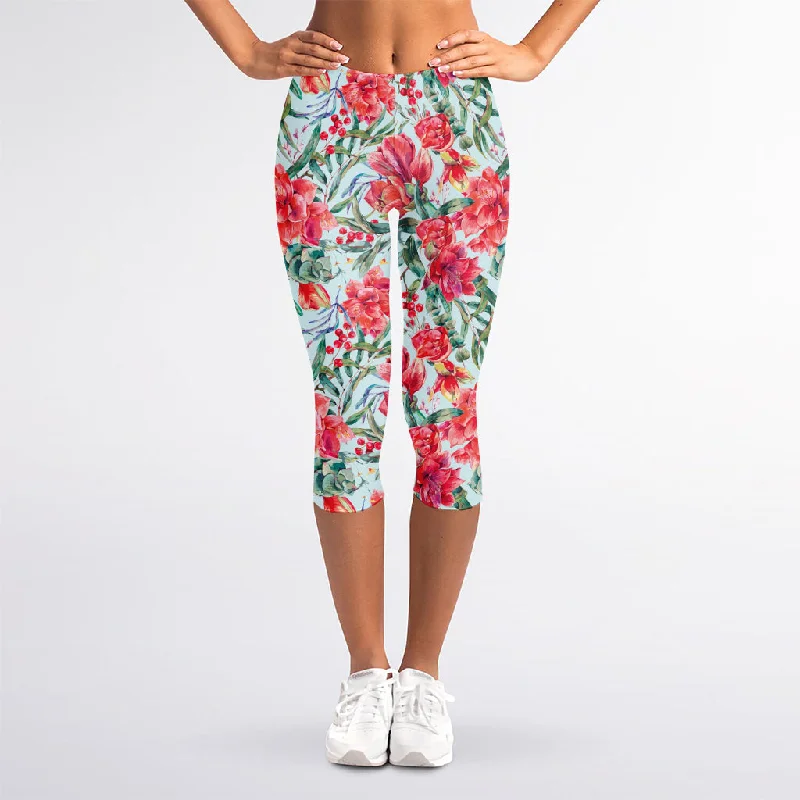 Red Amaryllis Pattern Print Women's Capri Leggings Trendy Adjustable Waist Leggings