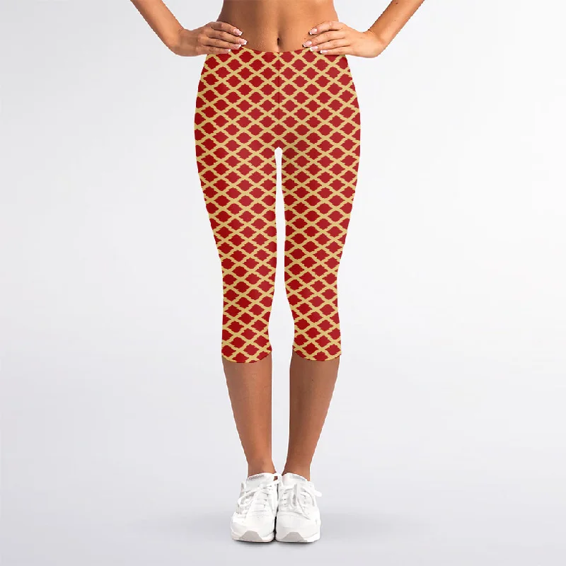Red And Beige Japanese Pattern Print Women's Capri Leggings Comfortable Ribbed Waistband Leggings Red And Beige Japanese Pattern Print Women's Capri Leggings Comfortable Ribbed Waistband Leggings