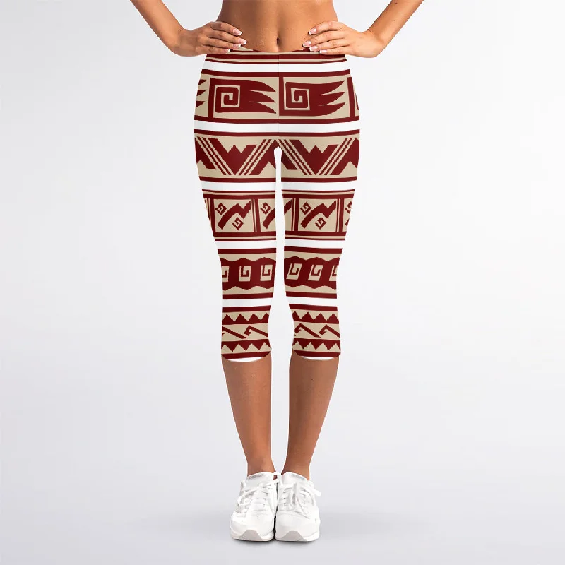 Red And Beige Southwestern Pattern Print Women's Capri Leggings Cozy Workout Performance Leggings Red And Beige Southwestern Pattern Print Women's Capri Leggings Cozy Workout Performance Leggings
