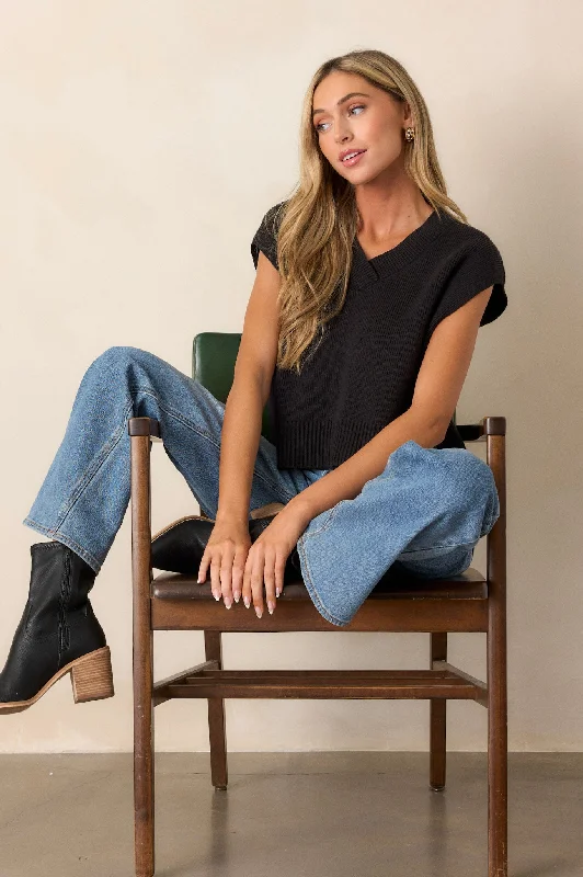 Rustic Retreat Black Short Sleeve Sweater Top Velvet Chenille Corduroy