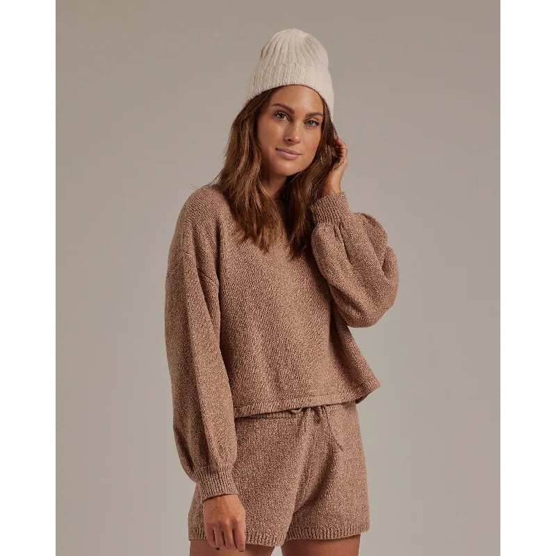 Rylee and Cru Women Knit Sweater | Heathered Mocha Chenille Blend Fleece Blend Nylon Blend