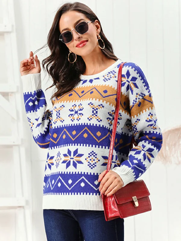 Snowflake Pattern Round Neck Sweater Polka Dot Checkered Tartan