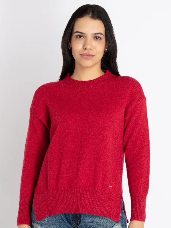 Womens Solid Round Neck Sweater Toggled Drawstring Belted