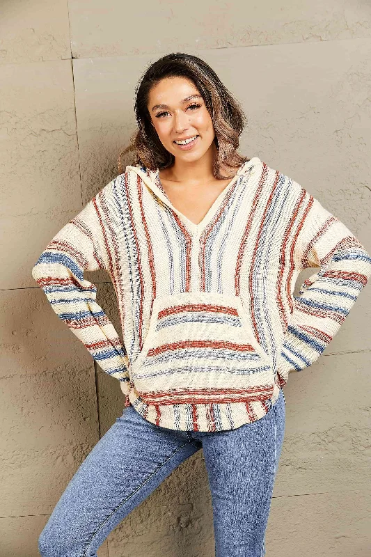 Striped Hooded Sweater with Kangaroo Pocket Cashmere Blend Cotton Blend Poly Blend
