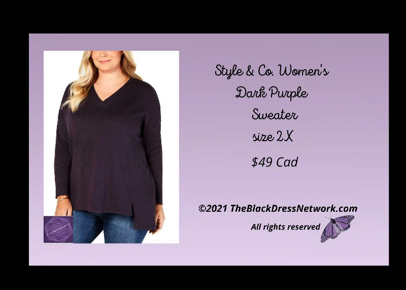 Style & CO Women's Sweaters/Top Dark Purple Plus 2X Boxy Sweater Fitted Sweater A-Line Style & CO Women's Sweaters/Top Dark Purple Plus 2X Boxy Sweater Fitted Sweater A-Line