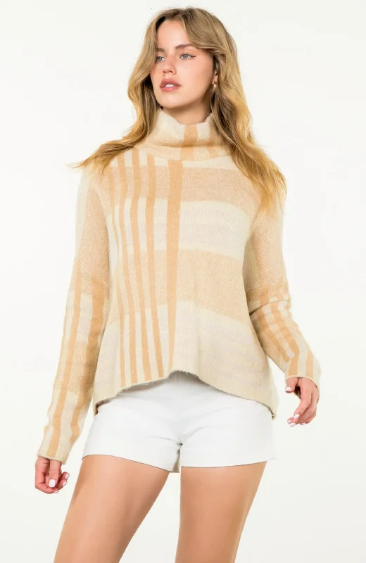 Tonal Plaid Turtleneck Sweater Denim Fabric Leather Fabric Suede Fabric