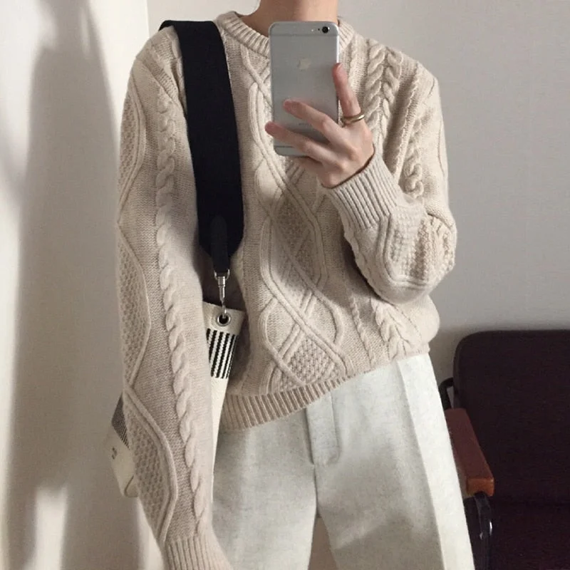 Winter Women Knitted Sweater Solid O Zippered Buttoned Snapped