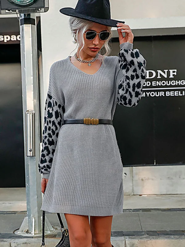 Women’s Loose Relax Leopard Sleeve Print Sweater Dresses Welt Pockets Slit Pockets Flap Pockets Women’s Loose Relax Leopard Sleeve Print Sweater Dresses Welt Pockets Slit Pockets Flap Pockets