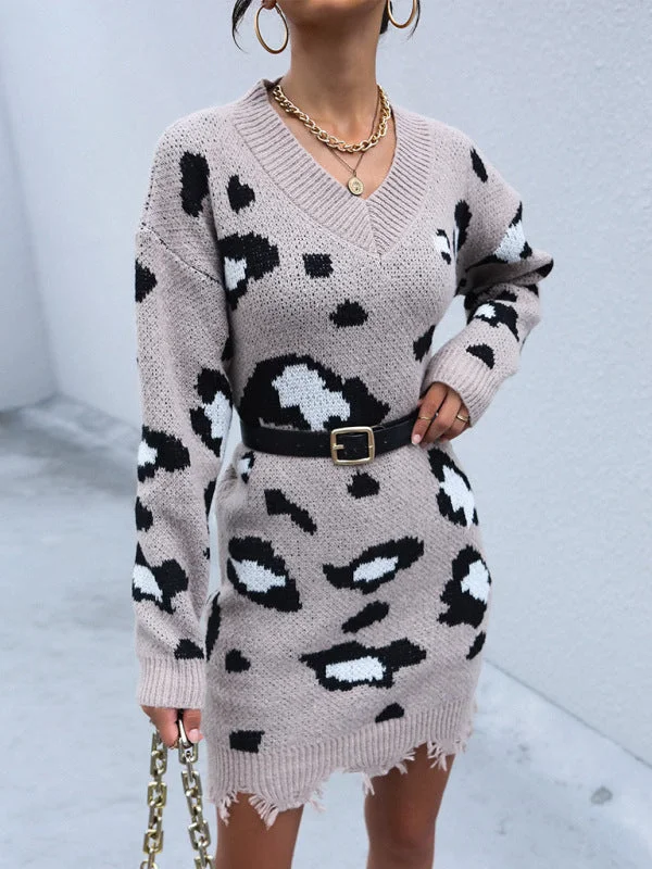 Women’s V Neckline Reaper Sweater Dress Houndstooth Herringbone Solid