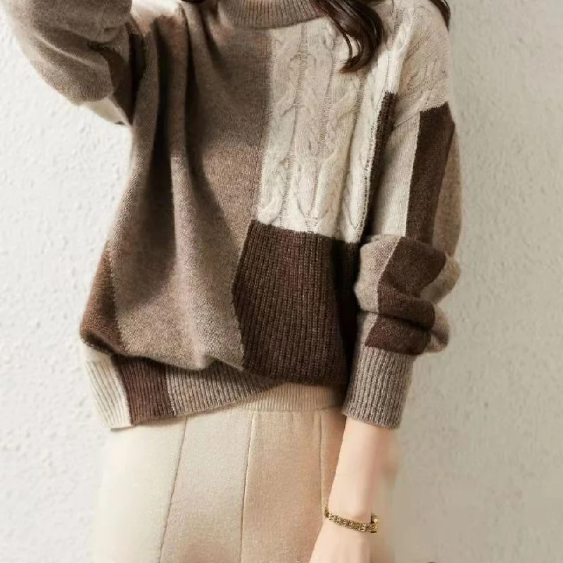 Women's Retro Fried Dough Twists Color Matching Round Neck Sweater Boxy Sweater Fitted Sweater A-Line Women's Retro Fried Dough Twists Color Matching Round Neck Sweater Boxy Sweater Fitted Sweater A-Line