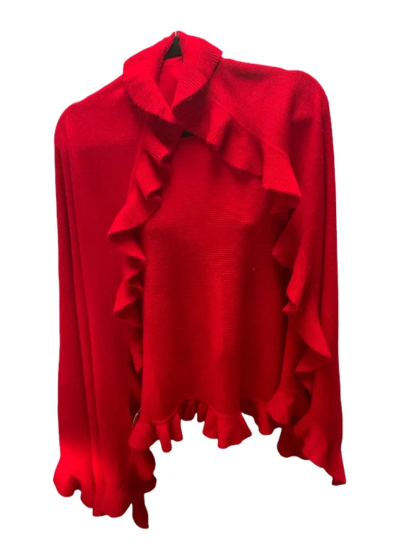 Women's Ruffle Sweater Cape O/S Ribbed Striped Patterned