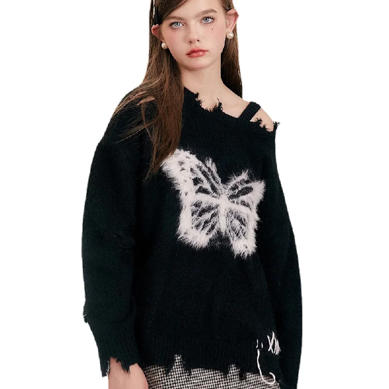 Women's Urban White Butterfly Sweater Solid Print Embellished