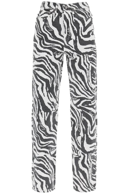 Straight Leg Zebra Print Jeans  - White Comfortable Full-Length Denim Jeans