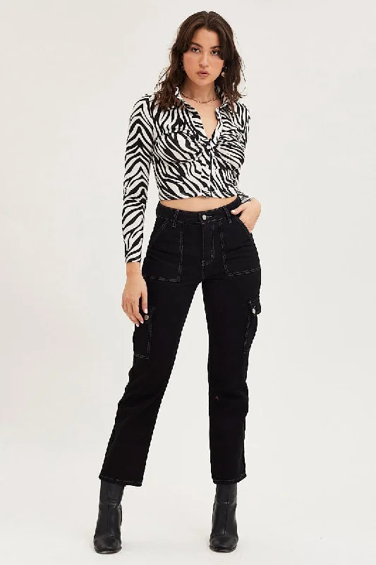 Black Carpenter Denim Jeans High Rise Stylish Shredded Denim Jeans